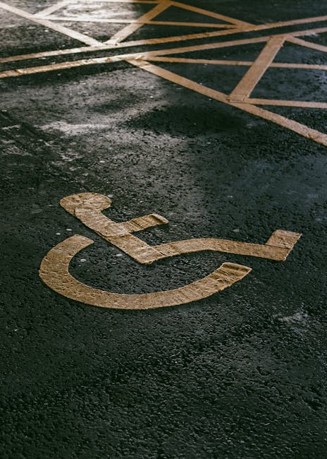 A close-up view of a designated accessible parking space marked with a yellow wheelchair symbol painted on dark asphalt. The surface appears slightly textured and wet, with patches of water visible. In the background, there are yellow hatch markings indicating a no-parking zone, and part of a curb and pavement are visible. This image reflects the importance of designated parking areas for disabled individuals, relevant to home relocation or furniture transport services provided by Catford Movers as part of their removals and moving logistics for properties accessed via narrow or challenging routes on Catford Bridge Road.