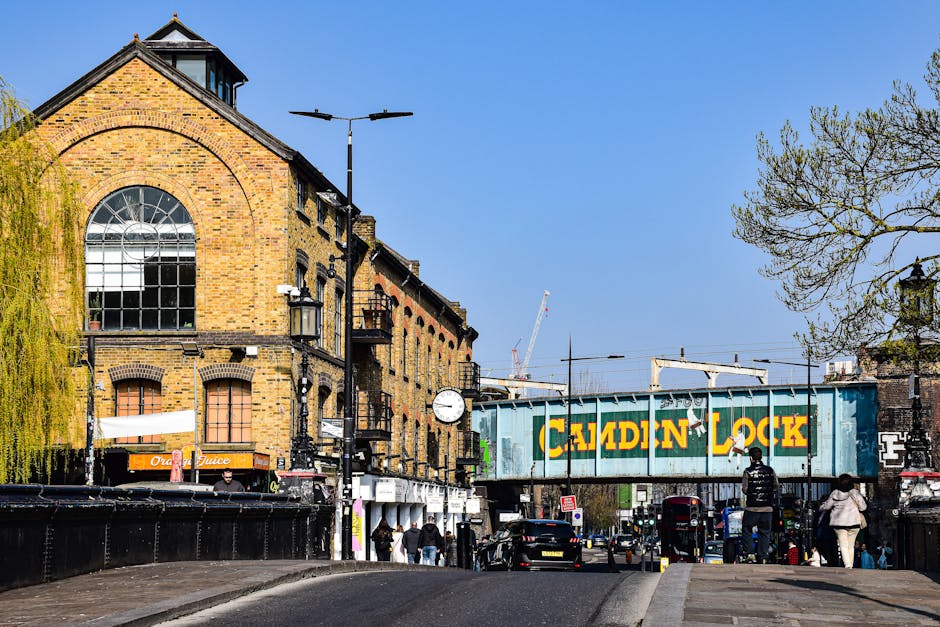 An aerial view of a narrow urban street in Catford, showing a line of parked cars along the curb and moving vehicles on the road, with pedestrians walking on the sidewalks and crossing at designated crosswalks. On the left side, there are multi-storey red brick buildings, some with storefronts, while on the right side, there is a small white building with a gabled roof and a bicycle rack nearby. Lush green trees line both sides of the street, providing shade and greenery in the area. The scene captures a typical busy street during daytime, highlighting the challenges of moving furniture and household items through a narrow access route, which Catford Movers may expertly handle as part of their home relocation and furniture transport services. The image underscores the importance of careful planning for removals in constrained city environments, with the street activity and urban infrastructure visible.